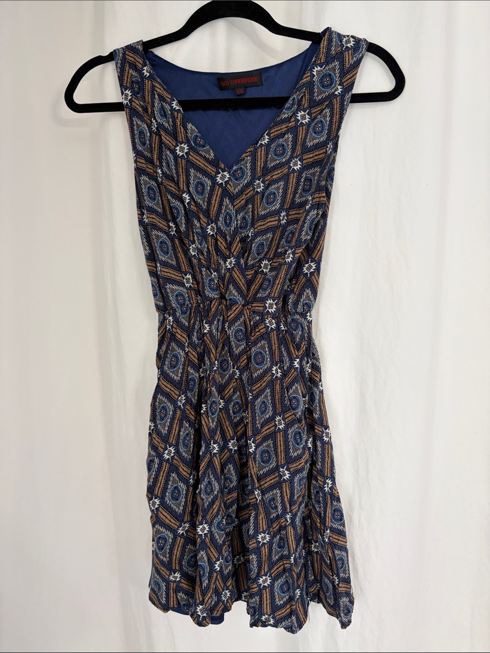 Boutique s/m Blue Geometric Sleeveless Dress with pockets